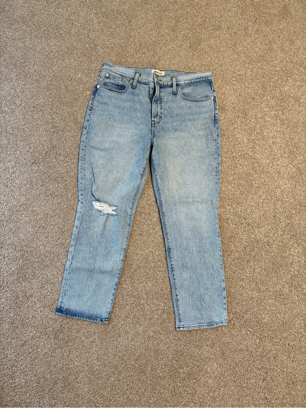 Madewell Light Blue Cropped Straight Jeans with Knee Rip